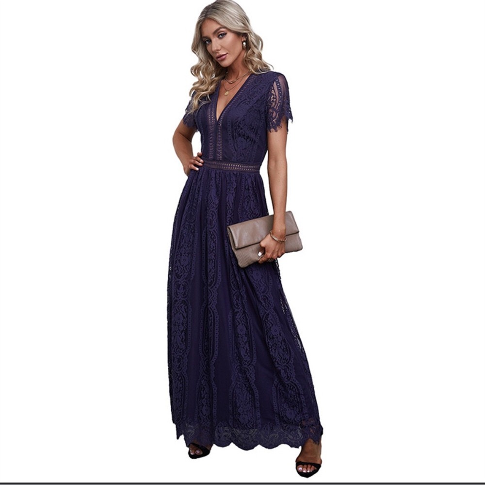 Purple Lace Maxi Dress V Neck Short Sleeve Boho Festival‎ Elegant Womens Medium